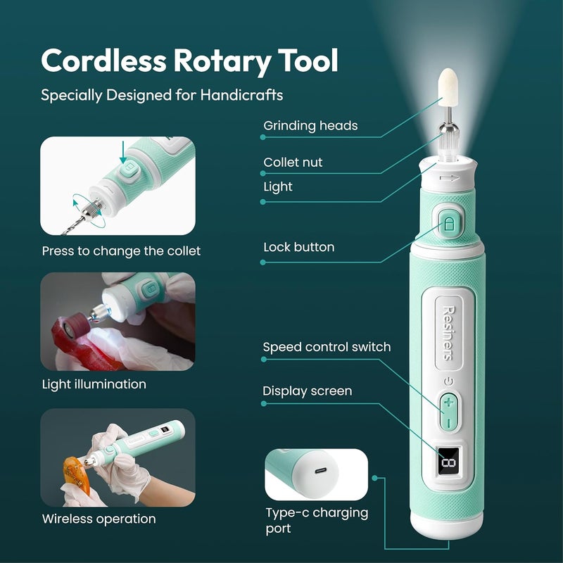 Resiners Cordless Rotary Tool Kit, Resin Drill & Polishing Kit, 8-Speed Adjustable, Type-C Charging, 52pcs Electric Jewelry Making Kit for Drilling, Polishing, Sanding, Grinding DIY Crafts - Image 2